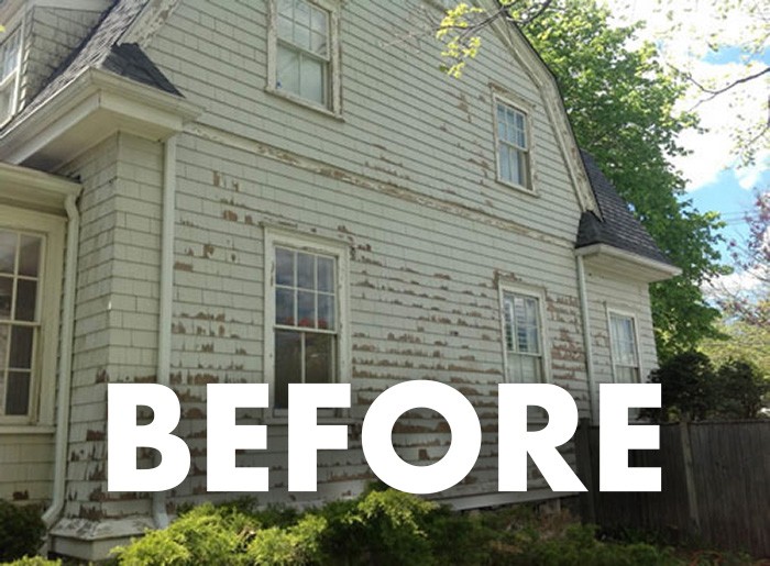 A before-completion image of a house paint job by Straight Shooters painting project in the upper Massachusetts area